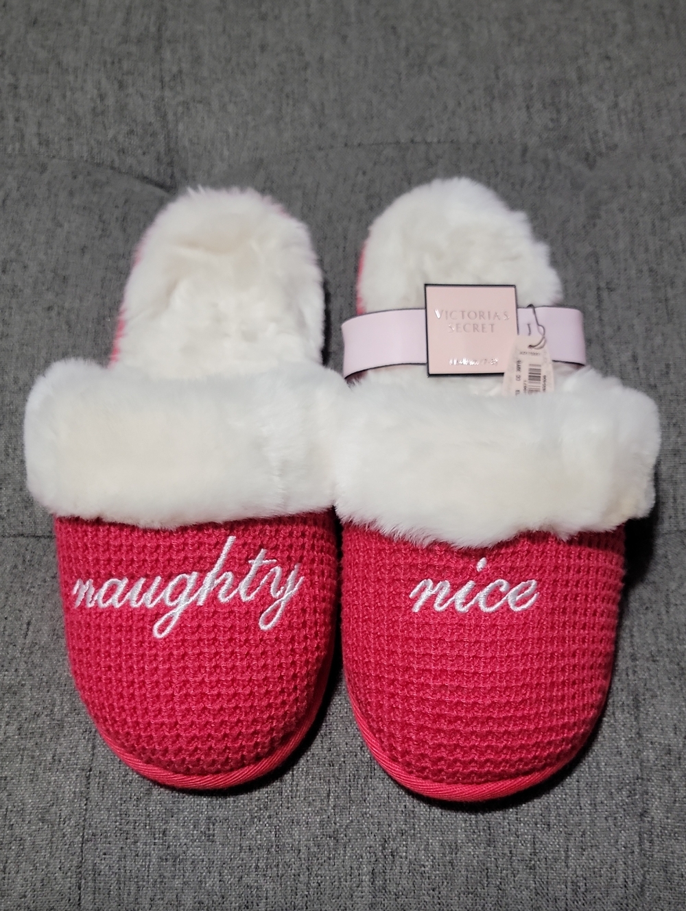 VTG 2015 Victoria's Secret Naughty Nice Waffle Fur Trim Slippers M 7-8 NWT